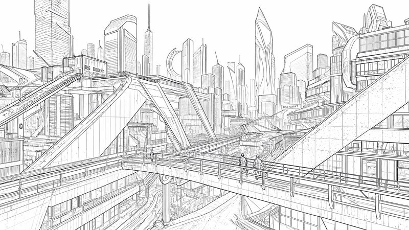Monochrome line art concept sketch of a sprawling futuristic sci-fi city with elevated walkways a...