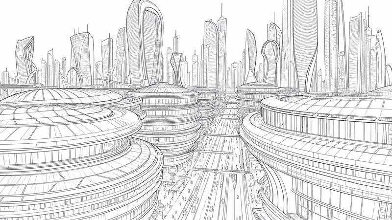 Monochrome line art sketch of a futuristic city, with curved organic skyscrapers lining a wide mu...