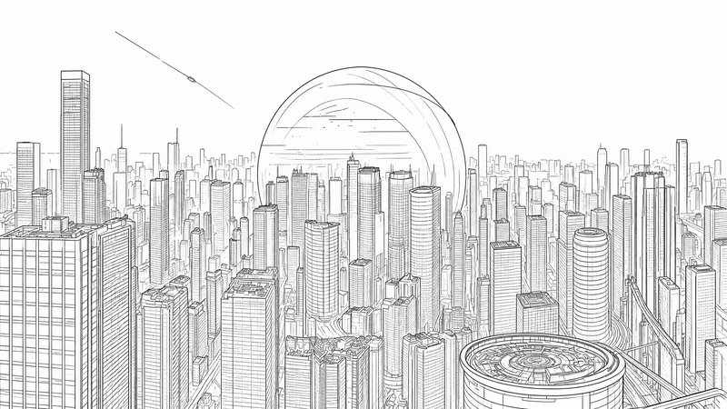 Line art sketch of dense futuristic metropolis skyline with large hovering circular arc structure...