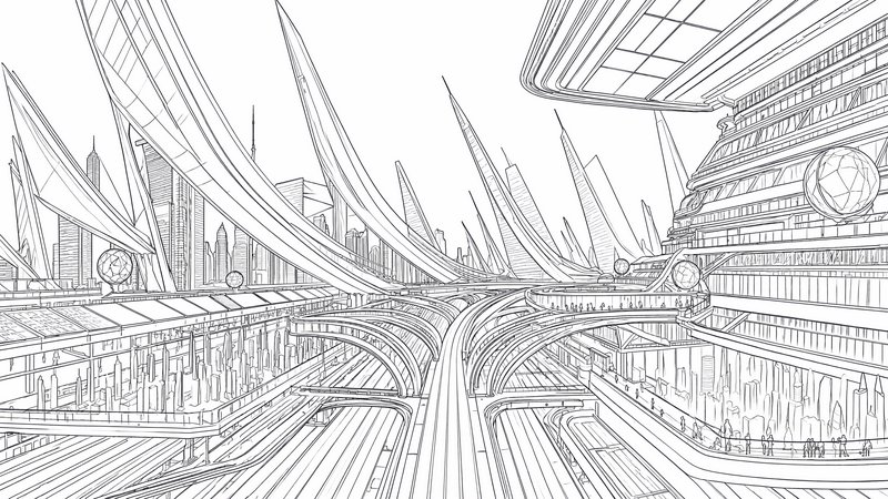 Monochrome line art sketch of a futuristic sci-fi megacity transit hub with elevated roadways, sp...