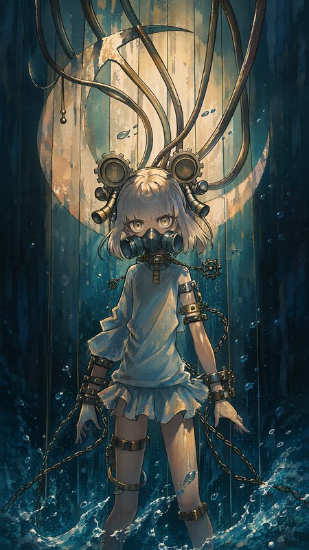 Steampunk anime girl with gas mask, gear headpiece, and chains standing waist-deep in dark rippli...