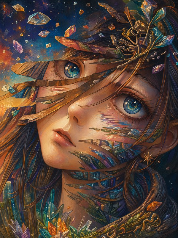 Surreal fantasy portrait of a mystical woman with crystalline skin, twig crown, and floating crys...