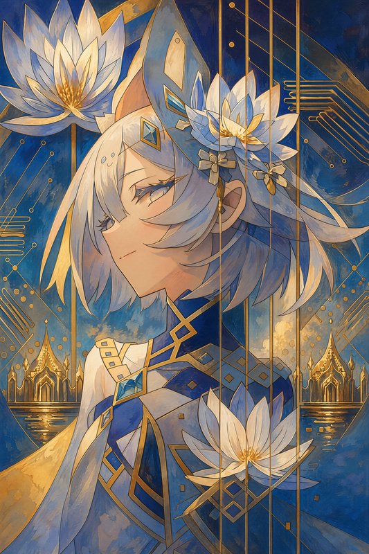 Stylized art nouveau anime portrait of silver haired fantasy character adorned with lotus blooms,...