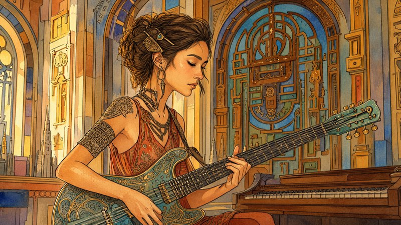 Art Nouveau style illustration of a tattooed woman playing an ornate guitar in a sunlit grand hall
