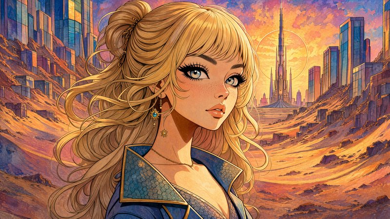 Anime-style blonde young woman stands before a sweeping futuristic desert city at warm golden sunset