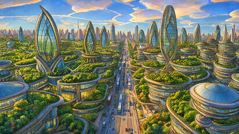 Futuristic sustainable eco-city with teardrop glass skyscrapers, lush rooftop gardens, and tree-l...