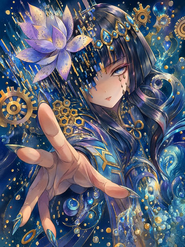 Anime steampunk fantasy woman reaches toward the viewer, glitch effect over one eye, purple lotus...