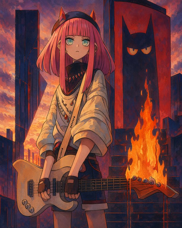 Anime girl with pink cat-ear headwear holds a burning electric guitar against a dystopian sunset ...