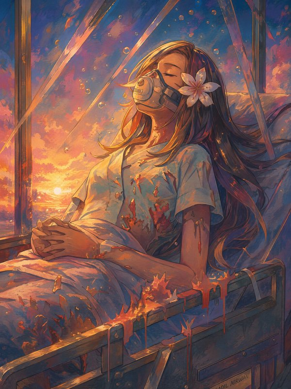 Surreal anime illustration of a hospitalized girl with an oxygen mask, seated by a vibrant sunset...