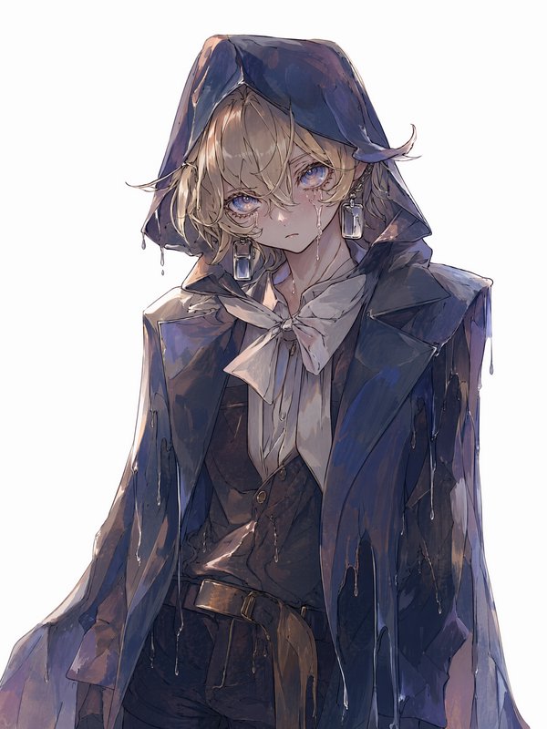 Melancholic anime portrait of a crying blonde character in a dripping wet hooded coat, isolated o...