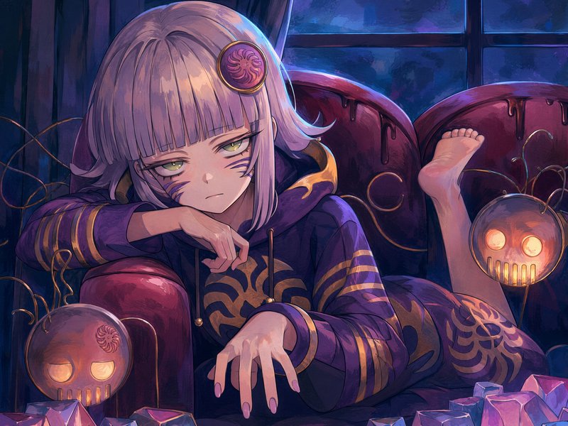 Sleepy lavender-haired anime girl lounges on a red velvet couch at night, surrounded by glowing s...