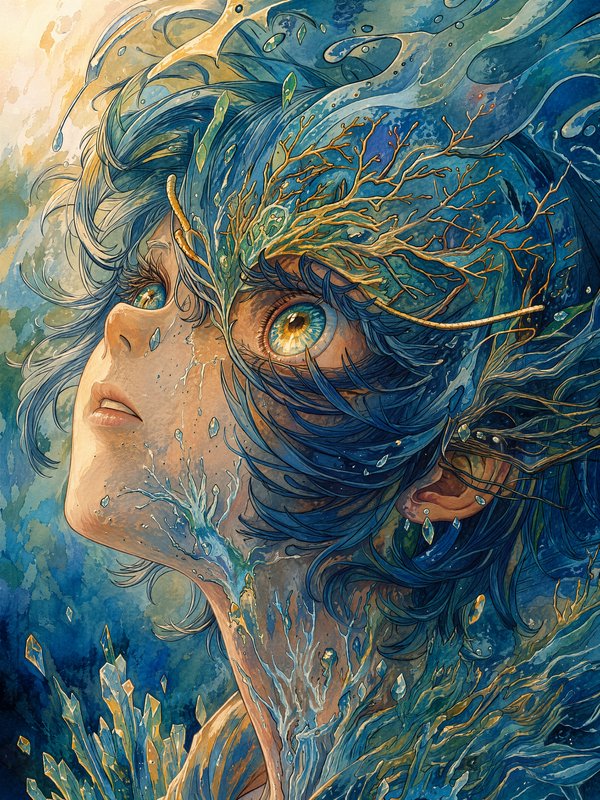 Closeup fantasy portrait of a water spirit with swirling blue hair, golden branch accents, glowin...