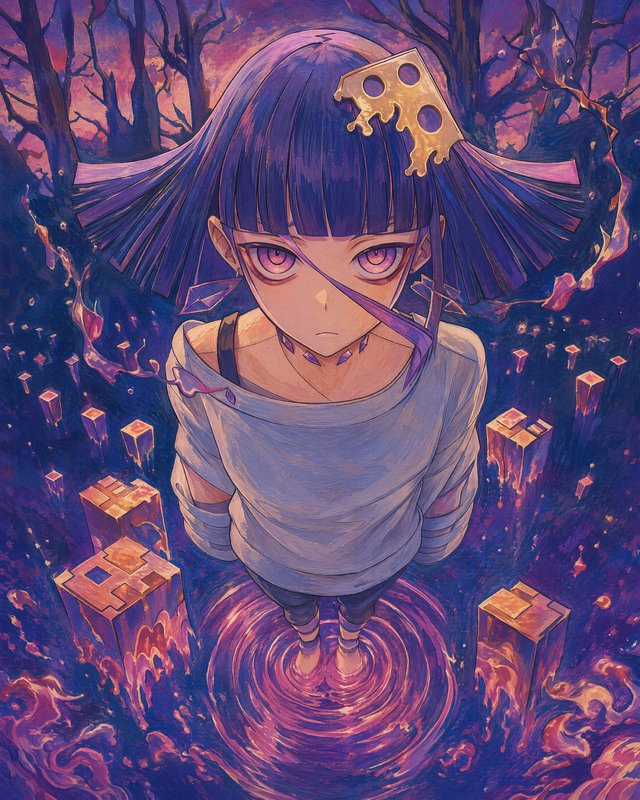 Surreal anime illustration of purple-haired girl with cheese hair clip standing in rippling purpl...