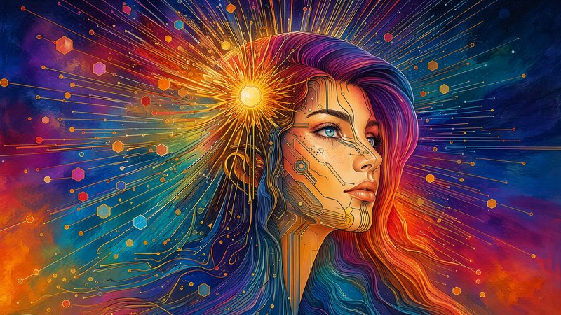 Surreal cybernetic woman portrait with glowing sun crown, rainbow gradient hair, circuit details ...