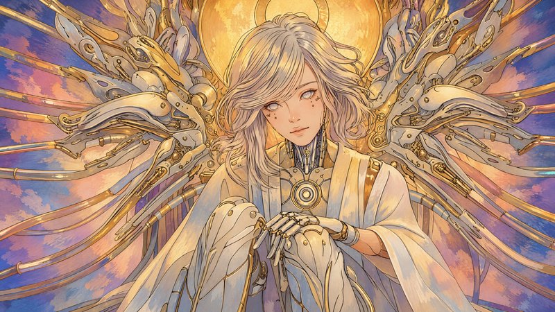 Anime cyborg angel with intricate golden mechanical wings, pale silver hair, and glowing halo aga...