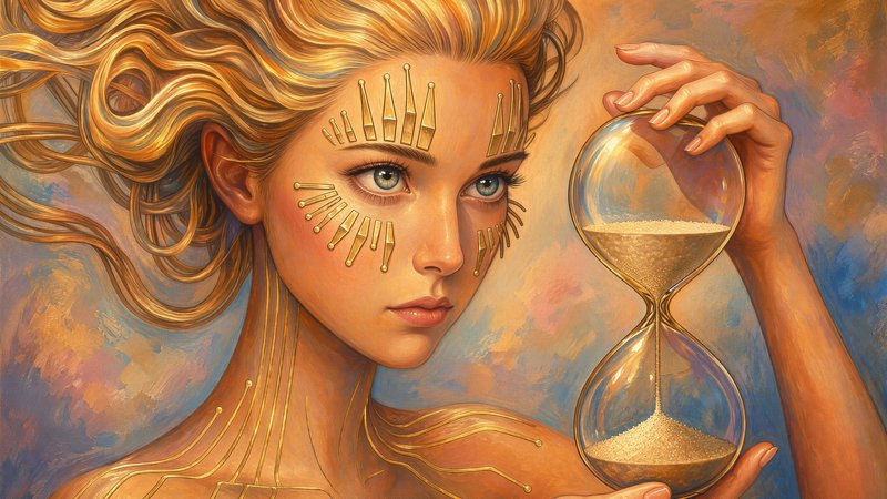 Surreal painted portrait of a golden-haired mystical woman with gold face markings holding a gold...