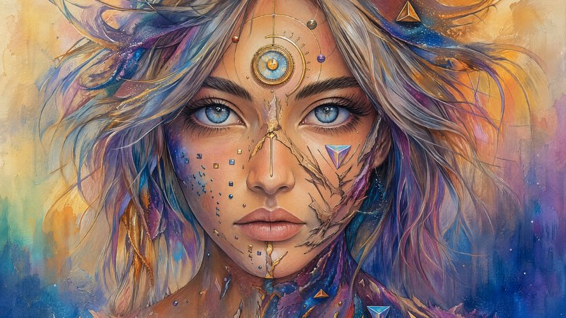 Close-up surreal fantasy portrait of a celestial woman with a golden third eye, iridescent galaxy...