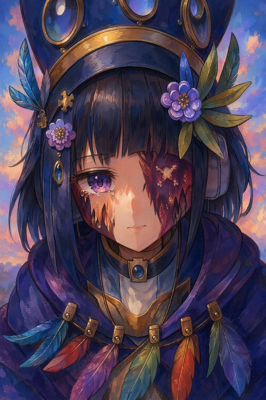 Closeup portrait of tearful steampunk anime girl with ornate feathered hat, mechanical facial det...