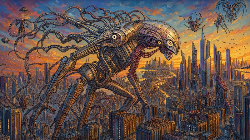 Giant tentacled biomechanical alien looms over a sprawling futuristic cyberpunk city, with flying...