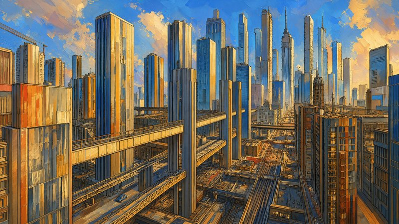 Painterly futuristic city skyline with towering skyscrapers connected by elevated walkways, lit b...
