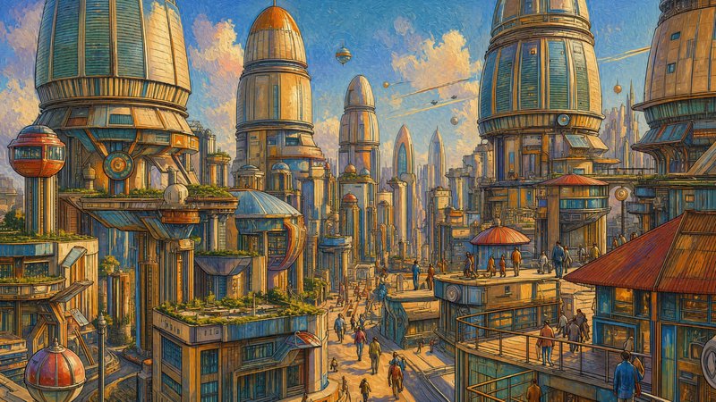 Painterly retro-futurist cityscape of domed art deco skyscrapers, pedestrian walkways, and flying...