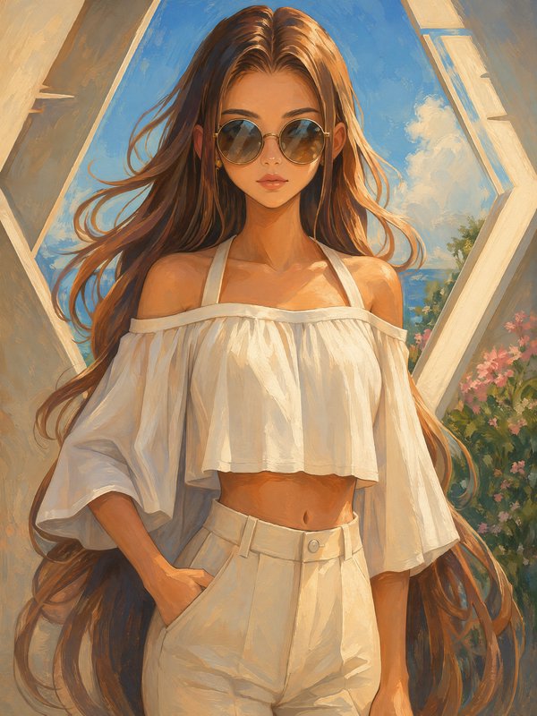 Impressionistic painting of stylish young woman in cream summer wear, round sunglasses, sunlit co...