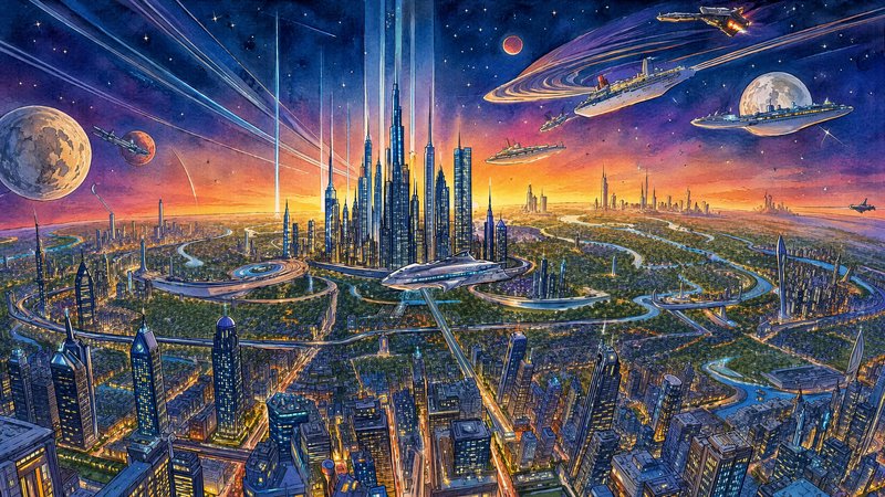 Vibrant watercolor illustration of a futuristic utopian megacity at starry sunset, with spaceship...