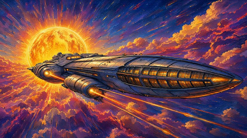 Sleek retro-futuristic sci-fi spaceship flies above colorful clouds beside a glowing golden sun i...