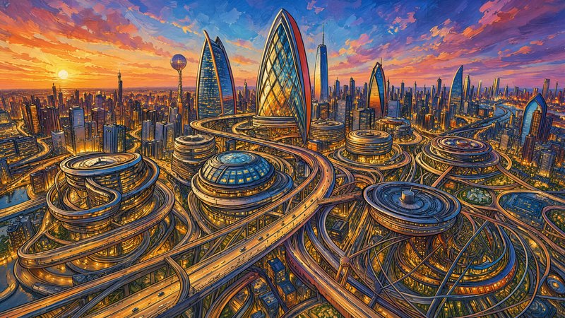 Painterly futuristic metropolis with curved skyscrapers and winding elevated highways under a vib...