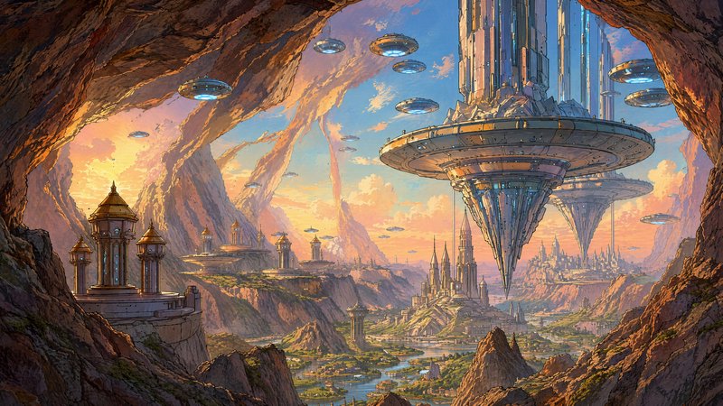 View from a rocky cave opening overlooking a sprawling futuristic alien city with flying saucers ...