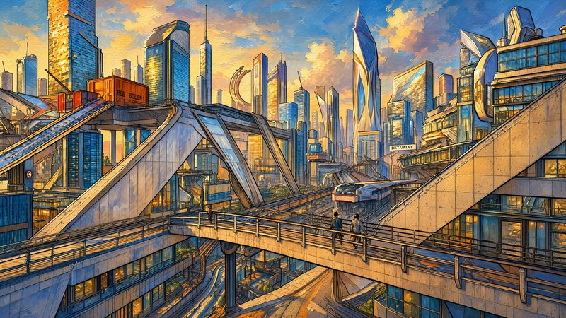 Painterly futuristic sci-fi cityscape with elevated transit tracks, skyscrapers, and pedestrians ...