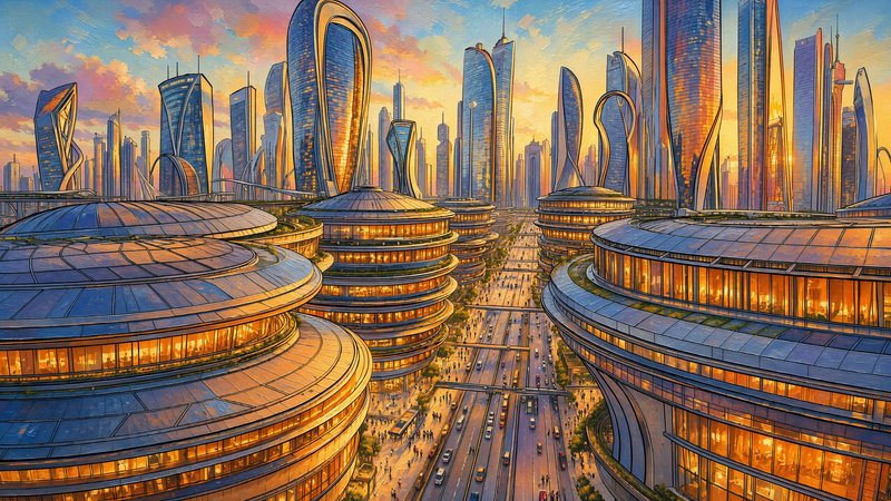 Painterly concept art of a futuristic utopian city skyline at golden sunset, with curved skyscrap...