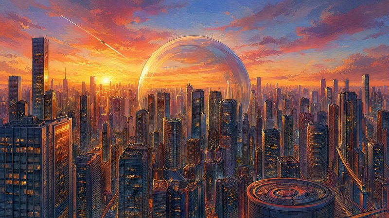 Painterly futuristic megacity skyline at sunset, with a large transparent dome and passing aircra...