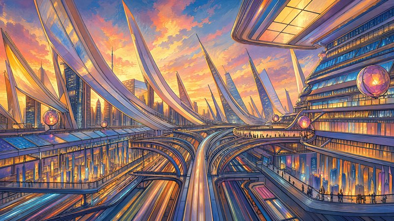 Vibrant futuristic sci-fi megacity transit hub at golden sunset, with sweeping skyscrapers and gl...