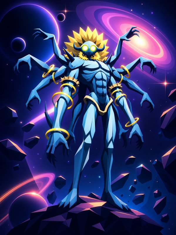 Sharp low-poly blue multi-armed cosmic alien with glowing eyes and gold accents stands in starry ...