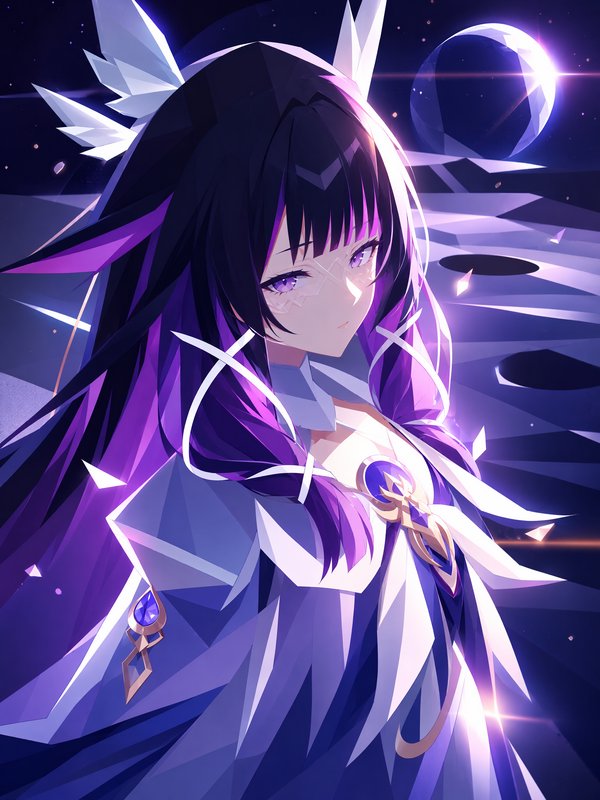Low-poly anime fantasy girl with purple eyes, gradient dark purple hair, crystal wing accessories...
