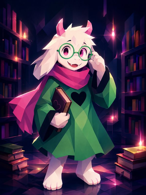 Low-poly fan art of Ralsei from Deltarune holding a spellbook in a glowing candlelit fantasy library