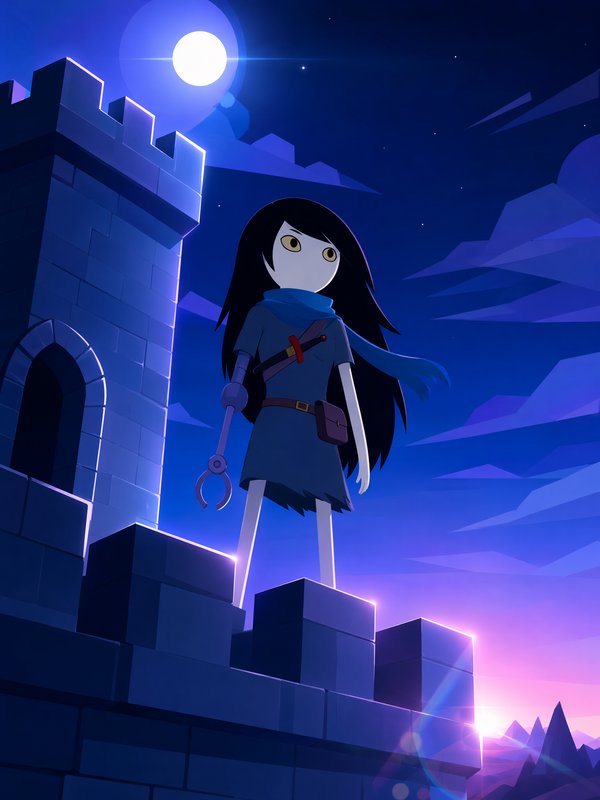Marceline from Adventure Time stands on stone castle battlements under a glowing full moon at pur...