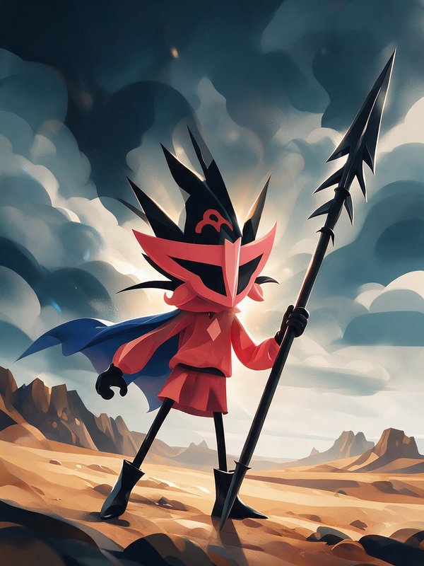 Stylized red armored fantasy warrior with spiked helmet holds a spiked spear, standing in a deser...