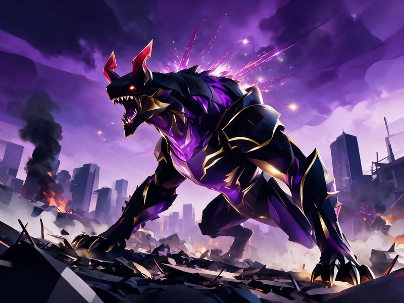 Armored demonic kaiju beast snarls atop destroyed city rubble under a swirling purple storm sky