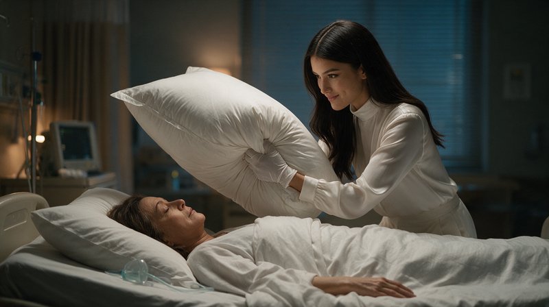 Sinister woman in white holds a pillow over a sleeping elderly patient lying in a dim hospital ro...