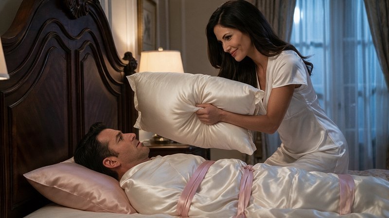 Mischievous smiling woman holds satin pillow over a man tied to a bed in an ornate vintage bedroom