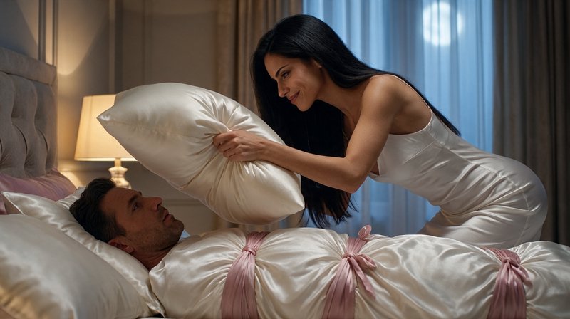 Smiling woman holds a satin pillow over a man wrapped as a gift in a luxury bedroom