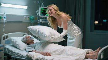 Grinning woman in a white satin gown holds a pillow over an elderly patient lying in a hospital bed