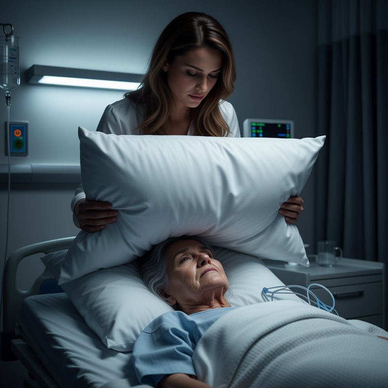 Woman holds a large white pillow over an elderly patient resting in a hospital bed