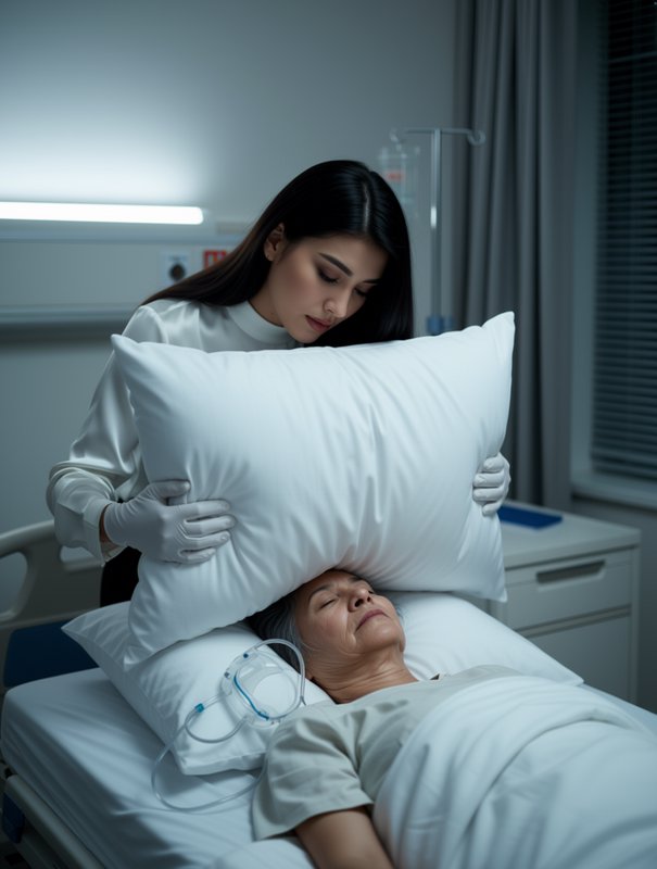 Gloved woman holds a pillow over an elderly patient lying in a hospital bed