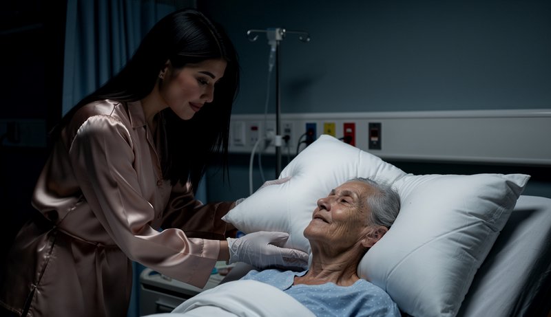 Caregiver adjusts a pillow for an elderly female patient resting in a hospital bed