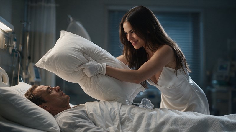 Smiling woman prepares to smother a hospitalized man with a pillow in a dim hospital room