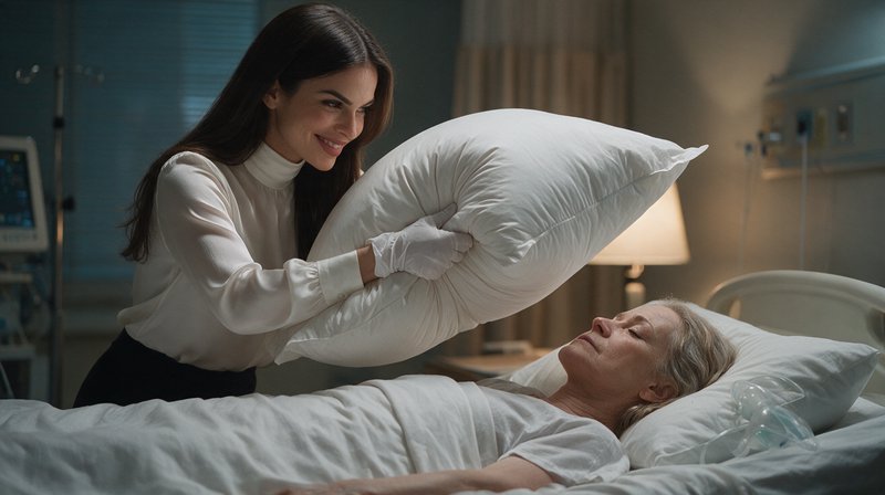 Smiling gloved woman holds a pillow over an older patient resting in a hospital bed