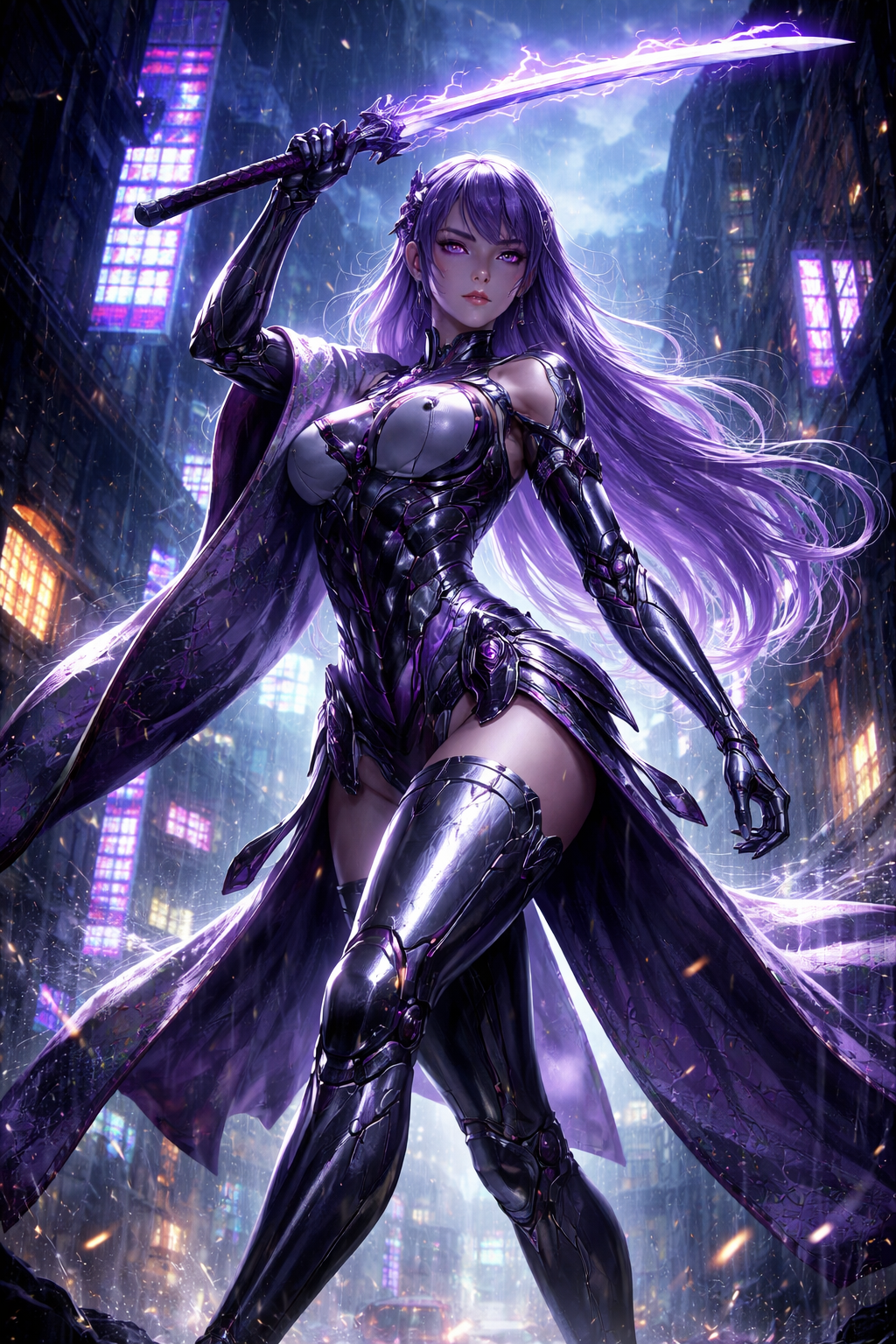 Female armored warrior with glowing purple sword in a neon-city night scene.